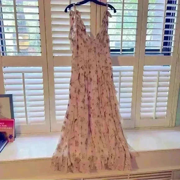 Rebecca Taylor Leander floral metallic clip midi dress in pink silk - Picture 12 of 13